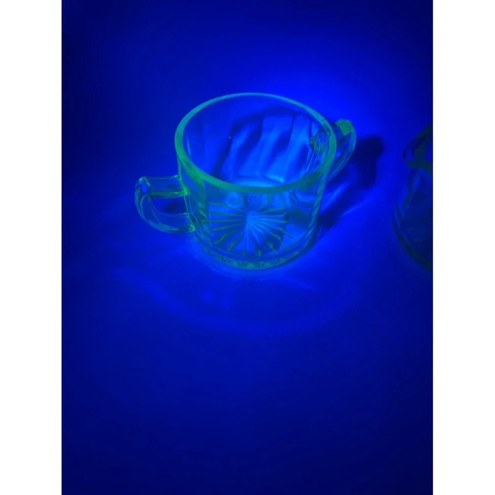 Vintage Uranium Glass Creamer and Sugar Bowl Set Paneled Starburst UV Reactive